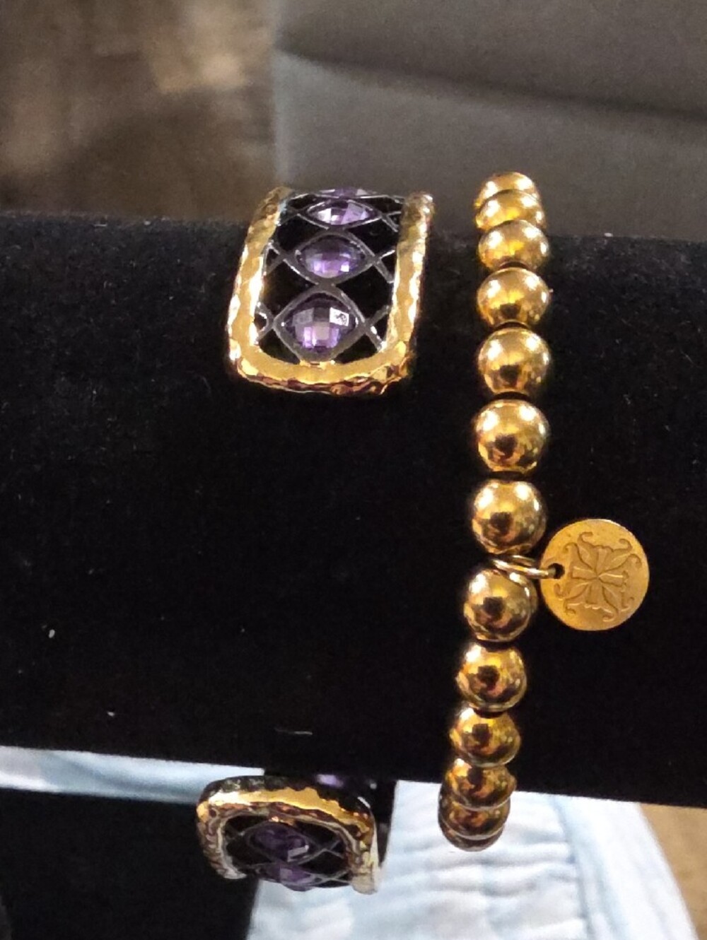 Stunning, Rustic Cuff Gold Tone and Purple Crystal Bracelet Set Of 2. Very Nice. - Picture 2 of 4